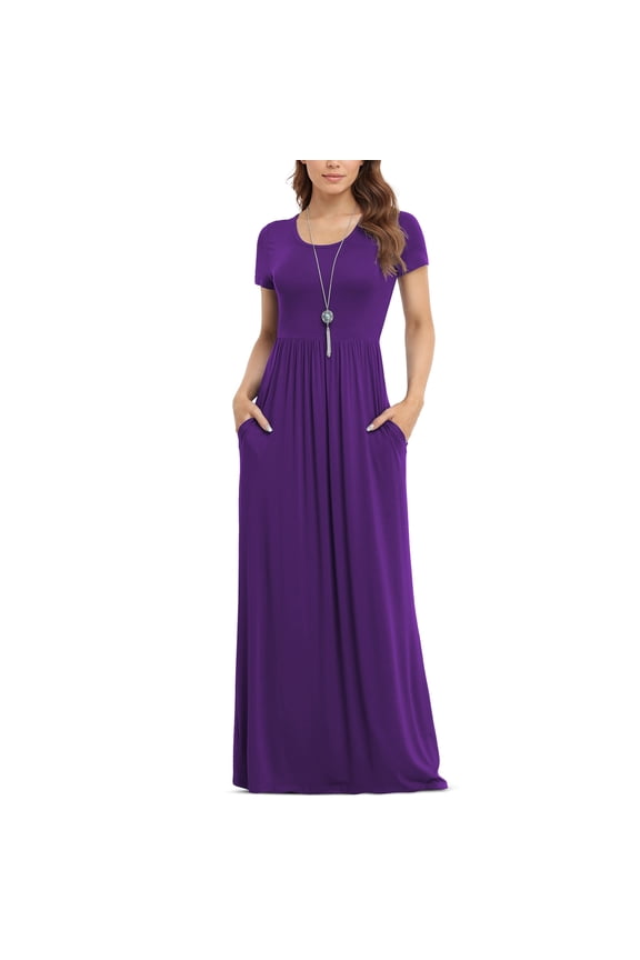 Women's Short Sleeve Loose Plain Maxi Dresses Casual Long Dresses with Pockets,US Size,Dark purple,M
