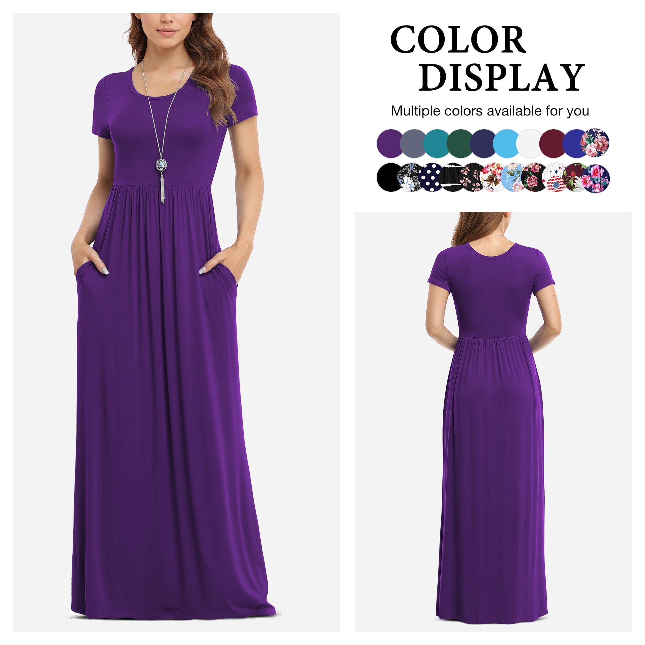 Asklazy Women's Short Sleeve Loose Plain Maxi Dresses Casual Long Dresses  with Pockets,US Size,Dark purple,S - Walmart Business Supplies