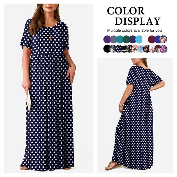 Asklazy Women's Short Sleeve Loose Plain Maxi Dresses Casual Long Dresses with Pockets,US Size,F Navy blue Dot,2XL