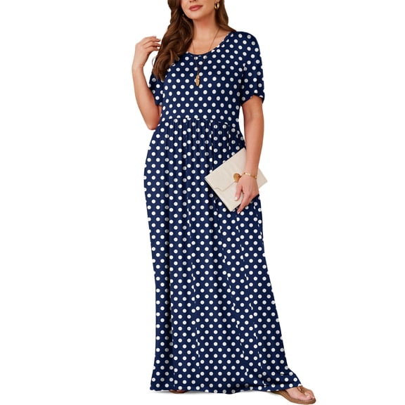 Asklazy Women's Short Sleeve Loose Plain Maxi Dresses Casual Long Dresses with Pockets,US Size,F Navy blue Dot,3XL