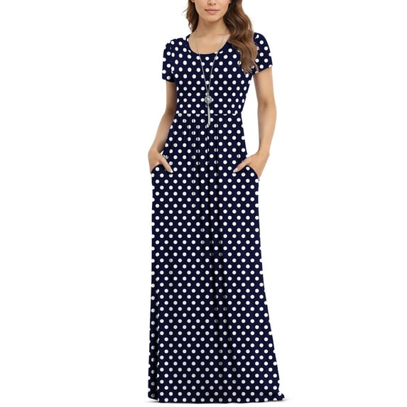 Asklazy Women's Short Sleeve Loose Plain Maxi Dresses Casual Long Dresses with Pockets,Mother's Day,F Navy blue Dot,M