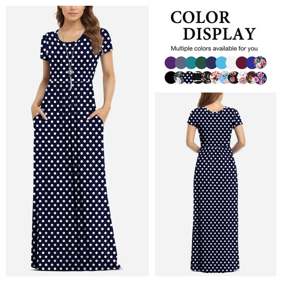 Asklazy Women's Short Sleeve Loose Plain Maxi Dresses Casual Long Dresses with Pockets,US Size,F Navy blue Dot,XL