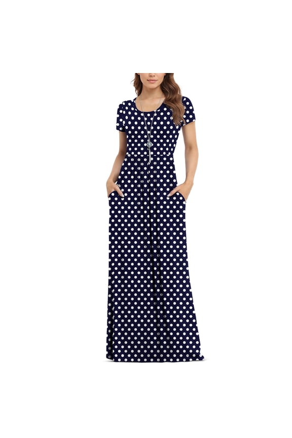 Women's Short Sleeve Loose Plain Maxi Dresses Casual Long Dresses with Pockets,Mother's Day,F Navy blue Dot,XL