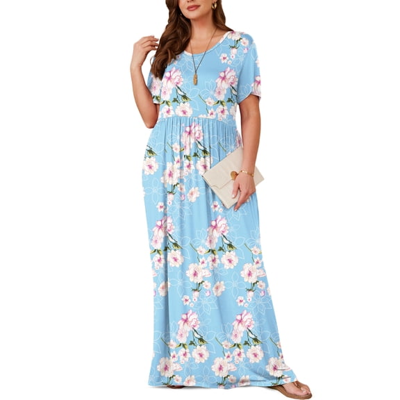 Asklazy Women's Short Sleeve Loose Plain Maxi Dresses Casual Long Dresses with Pockets,US Size,Floral Light blue,2XL