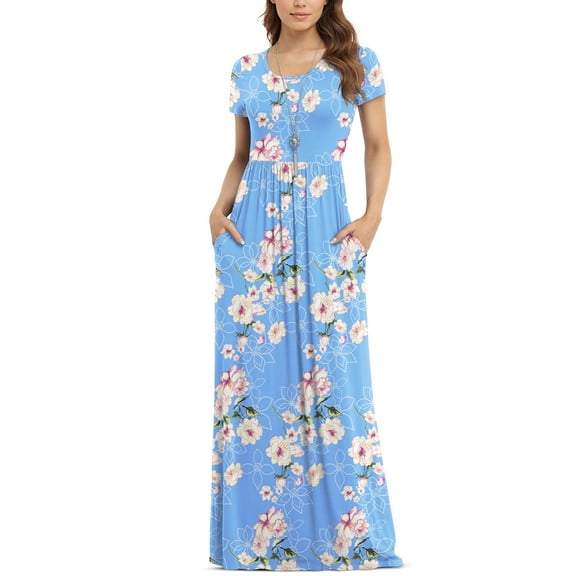 Asklazy Women's Short Sleeve Loose Plain Maxi Dresses Casual Long Dresses with Pockets,US Size,Floral Light blue,L