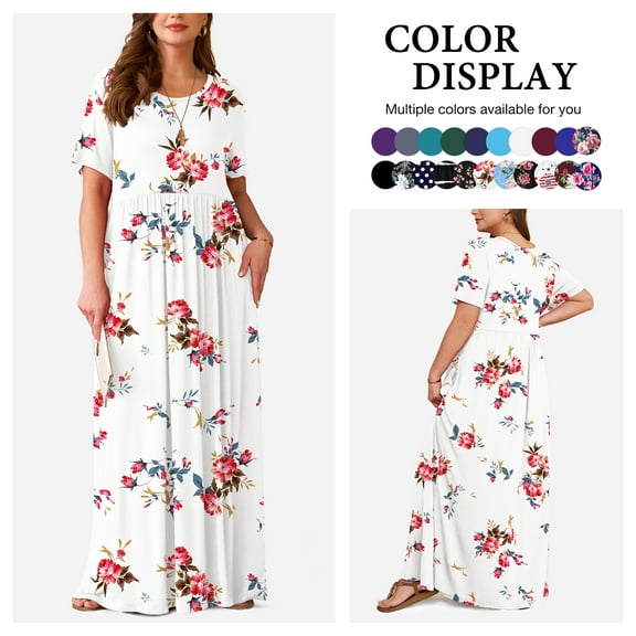 Asklazy Women's Short Sleeve Loose Plain Maxi Dresses Casual Long Dresses with Pockets,US Size,Floral White,2XL