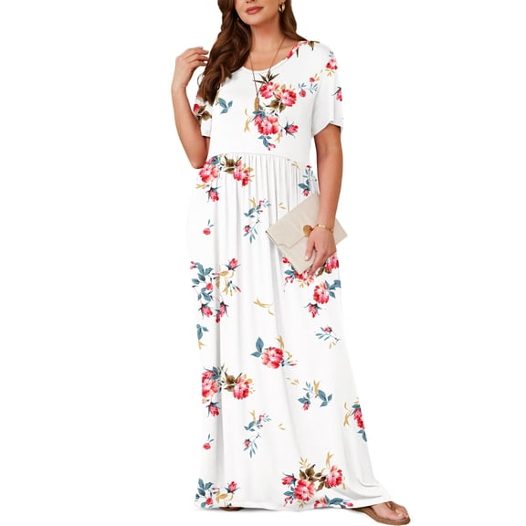 Asklazy Women's Short Sleeve Loose Plain Maxi Dresses Casual Long Dresses with Pockets,US Size,Floral White,2XL