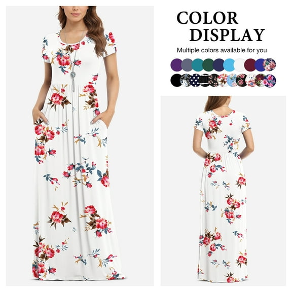 Asklazy Women's Short Sleeve Loose Plain Maxi Dresses Casual Long Dresses with Pockets,US Size,Floral White,M