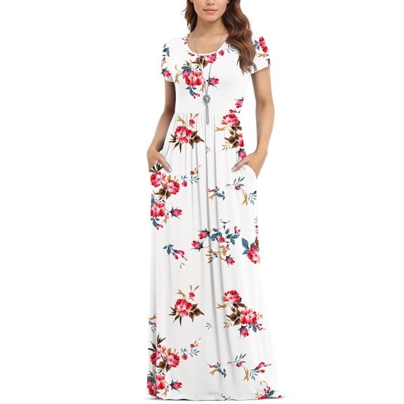 Asklazy Women's Short Sleeve Loose Plain Maxi Dresses Casual Long Dresses with Pockets,US Size,Floral White,M