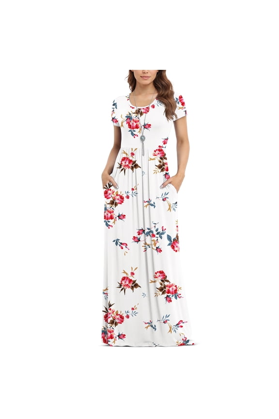 Women's Short Sleeve Loose Plain Maxi Dresses Casual Long Dresses with Pockets,US Size,Floral White,XL