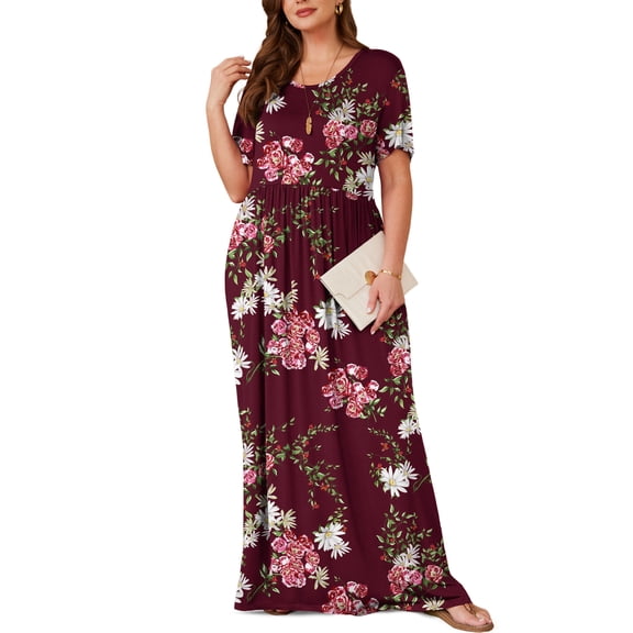 Asklazy Women's Short Sleeve Loose Plain Maxi Dresses Casual Long Dresses with Pockets,US Size,Floral Wine red,3XL
