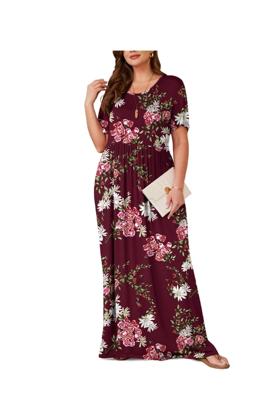 Women's Short Sleeve Loose Plain Maxi Dresses Casual Long Dresses with Pockets,US Size,Floral Wine red,3XL