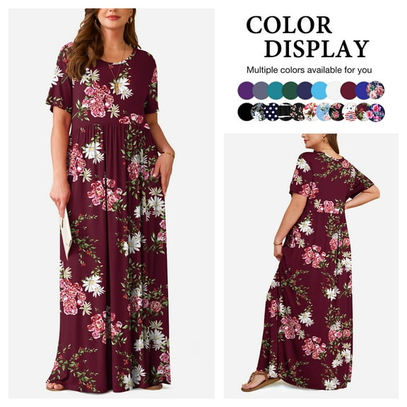 Asklazy Women's Short Sleeve Loose Plain Maxi Dresses Casual Long Dresses with Pockets,US Size,Floral Wine red,3XL