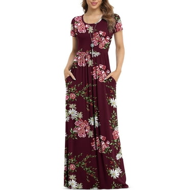Asklazy Women's Short Sleeve Loose Plain Maxi Dresses Casual Long Dresses with Pockets,US Size,Floral Wine red,L