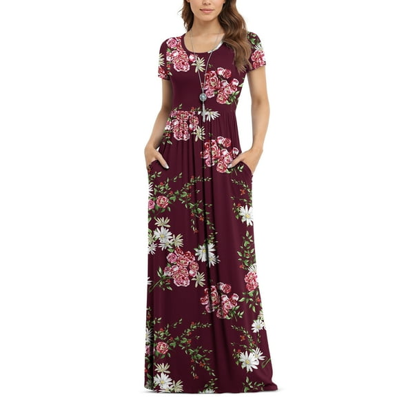 Asklazy Women's Short Sleeve Loose Plain Maxi Dresses Casual Long Dresses with Pockets,US Size,Floral Wine red,M