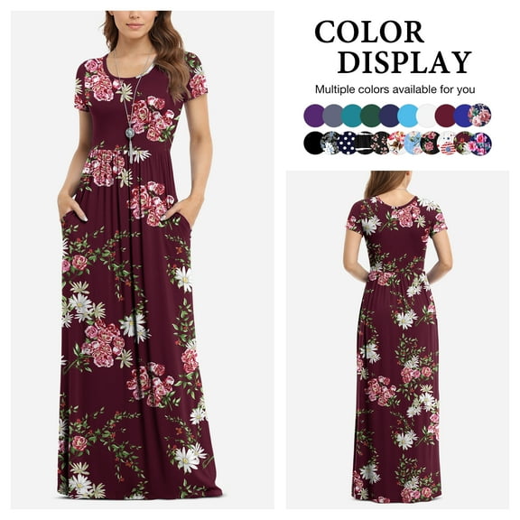 Asklazy Women's Short Sleeve Loose Plain Maxi Dresses Casual Long Dresses with Pockets,US Size,Floral Wine red,S
