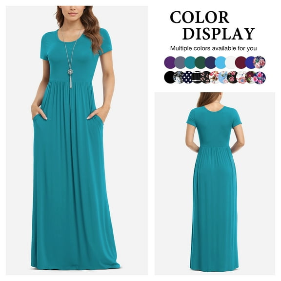 Asklazy Women's Short Sleeve Loose Plain Maxi Dresses Casual Long Dresses with Pockets,US Size,L,Acid blue