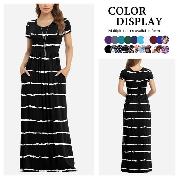 Asklazy Women's Short Sleeve Loose Plain Maxi Dresses Casual Long Dresses with Pockets,US Size,L,F__Black_stripes