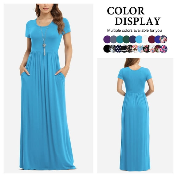 Asklazy Women's Short Sleeve Loose Plain Maxi Dresses Casual Long Dresses with Pockets,US Size,L,Nile blue