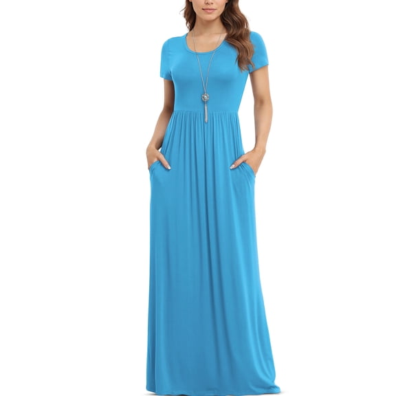 Asklazy Women's Short Sleeve Loose Plain Maxi Dresses Casual Long Dresses with Pockets,US Size,L,Nile blue