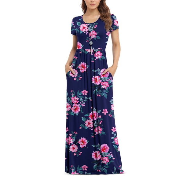 Asklazy Women's Short Sleeve Loose Plain Maxi Dresses Casual Long Dresses with Pockets,US Size,L,Pink Peony Navy blue