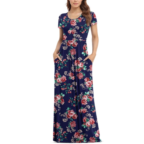 Asklazy Women's Short Sleeve Loose Plain Maxi Dresses Casual Long Dresses with Pockets,US Size,L,Sui rose navy blue