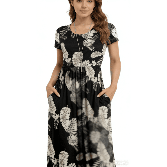 Asklazy Women's Short Sleeve Loose Plain Maxi Dresses Casual Long Dresses with Pockets,US Size,Leave Black,L
