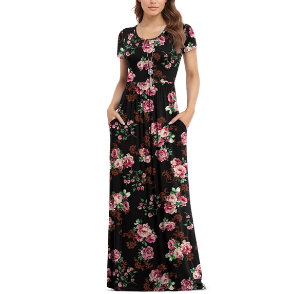 Asklazy Women's Short Sleeve Loose Plain Maxi Dresses Casual Long Dresses with Pockets,Mother's Day,M,F Rose Black
