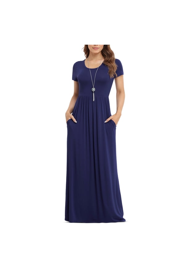 Women's Short Sleeve Loose Plain Maxi Dresses Casual Long Dresses with Pockets,US Size,Navy blue,L