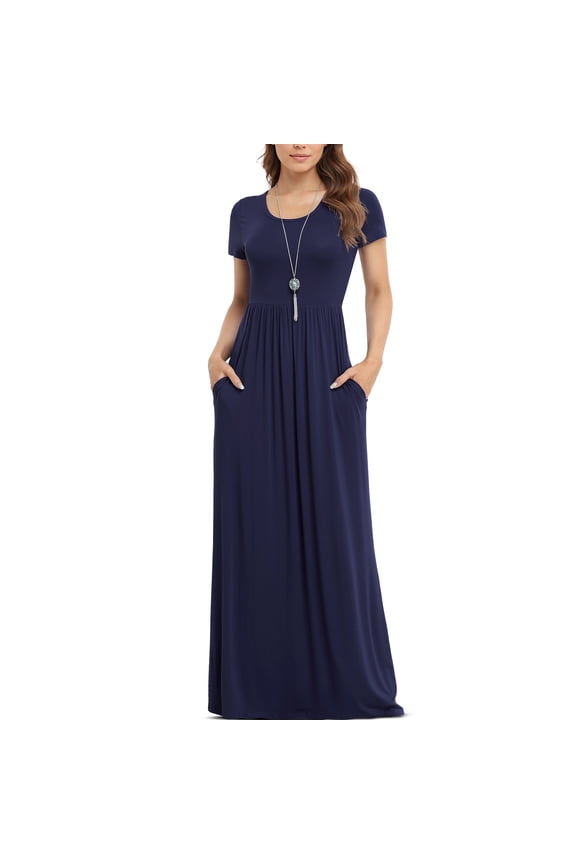 Women's Short Sleeve Loose Plain Maxi Dresses Casual Long Dresses with Pockets,Mother's Day,Navy blue,L