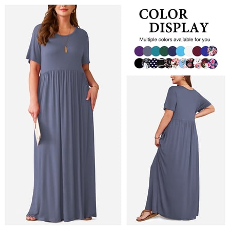Asklazy Women's Short Sleeve Loose Plain Maxi Dresses Casual Long Dresses with Pockets,US Size,Purple Gray,2XL