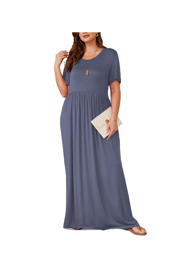 Women's Short Sleeve Loose Plain Maxi Dresses Casual Long Dresses with Pockets,US Size,Purple Gray,2XL
