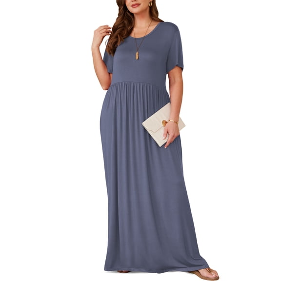 Asklazy Women's Short Sleeve Loose Plain Maxi Dresses Casual Long Dresses with Pockets,US Size,Purple Gray,3XL