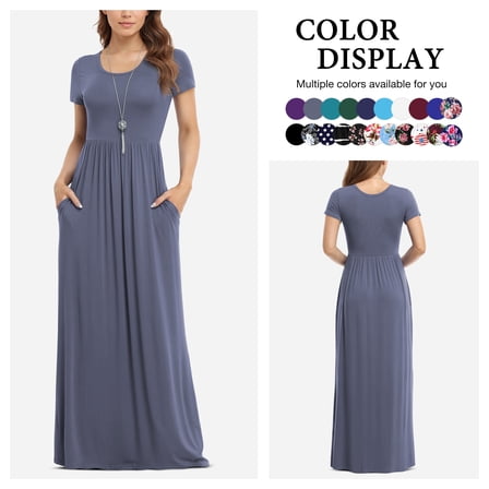 Asklazy Women's Short Sleeve Loose Plain Maxi Dresses Casual Long Dresses with Pockets,US Size,Purple Gray,L