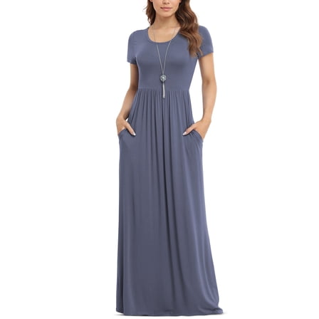 Asklazy Women's Short Sleeve Loose Plain Maxi Dresses Casual Long Dresses with Pockets,US Size,Purple Gray,L