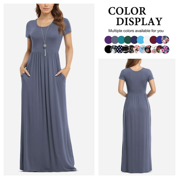 Asklazy Women's Short Sleeve Loose Plain Maxi Dresses Casual Long Dresses with Pockets,US Size,Purple Gray,M