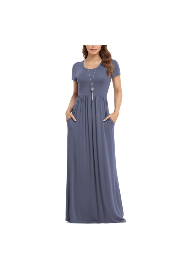 Women's Short Sleeve Loose Plain Maxi Dresses Casual Long Dresses with Pockets,US Size,Purple Gray,M