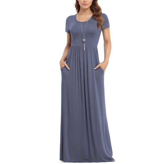 Asklazy Women's Short Sleeve Loose Plain Maxi Dresses Casual Long Dresses with Pockets,US Size,Purple Gray,S