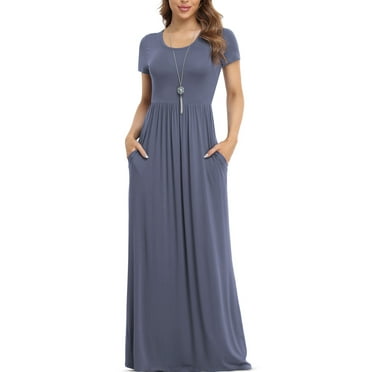 Asklazy Women's Short Sleeve Loose Plain Maxi Dresses Casual Long Dresses with Pockets,US Size,Purple Gray,XL