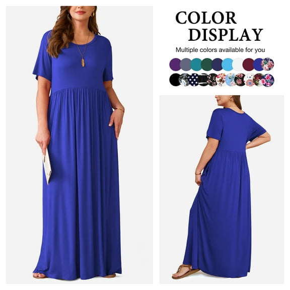 Asklazy Women's Short Sleeve Loose Plain Maxi Dresses Casual Long Dresses with Pockets,US Size,Royal Blue,2XL