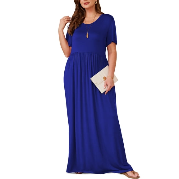 Asklazy Women's Short Sleeve Loose Plain Maxi Dresses Casual Long Dresses with Pockets,US Size,Royal Blue,2XL