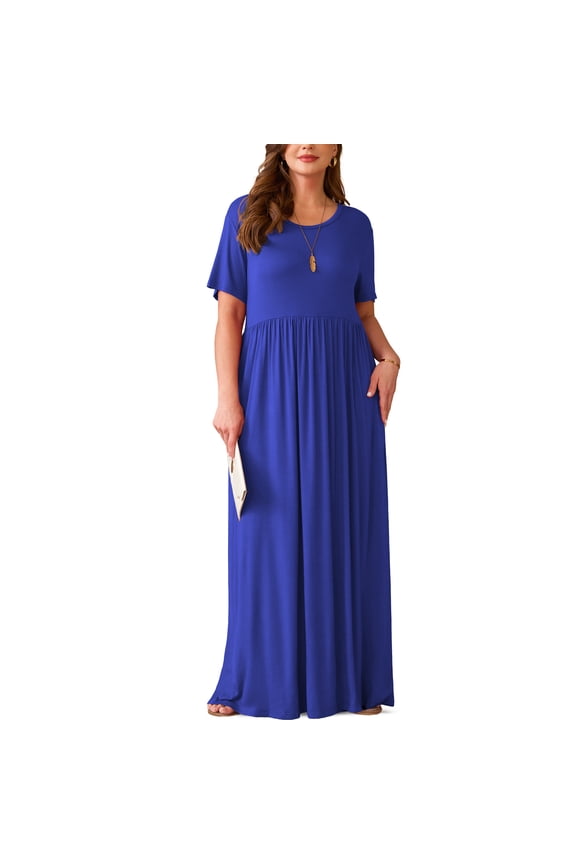 Women's Short Sleeve Loose Plain Maxi Dresses Casual Long Dresses with Pockets,US Size,Royal Blue,3XL