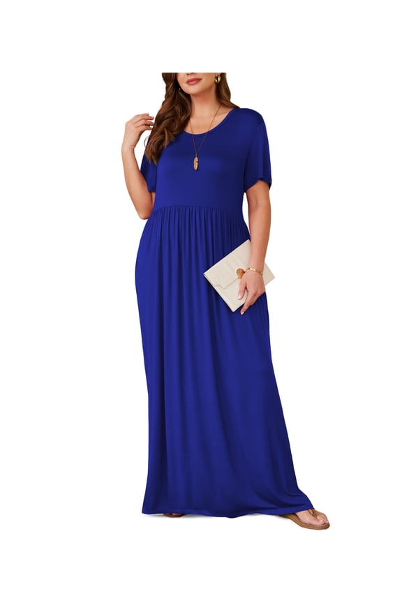Women's Short Sleeve Loose Plain Maxi Dresses Casual Long Dresses with Pockets,US Size,Royal Blue,3XL