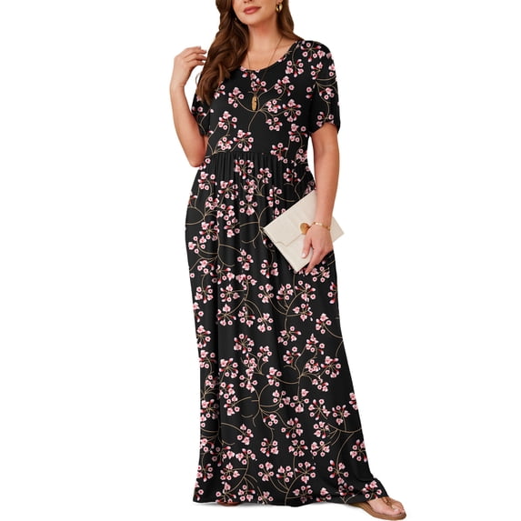 Asklazy Women's Short Sleeve Loose Plain Maxi Dresses Casual Long Dresses with Pockets,US Size,Sanyue Red,4XL