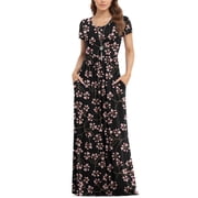 Asklazy Womens Short Sleeve Loose Plain Maxi Dresses Casual Long Dresses with Pockets,US Size,Sanyue Red,XL