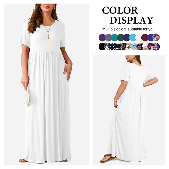 Asklazy Women's Short Sleeve Loose Plain Maxi Dresses Casual Long Dresses with Pockets,US Size,White,2XL