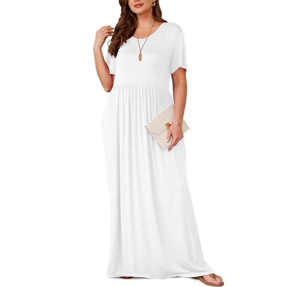 Asklazy Women's Short Sleeve Loose Plain Maxi Dresses Casual Long Dresses with Pockets,US Size,White,2XL