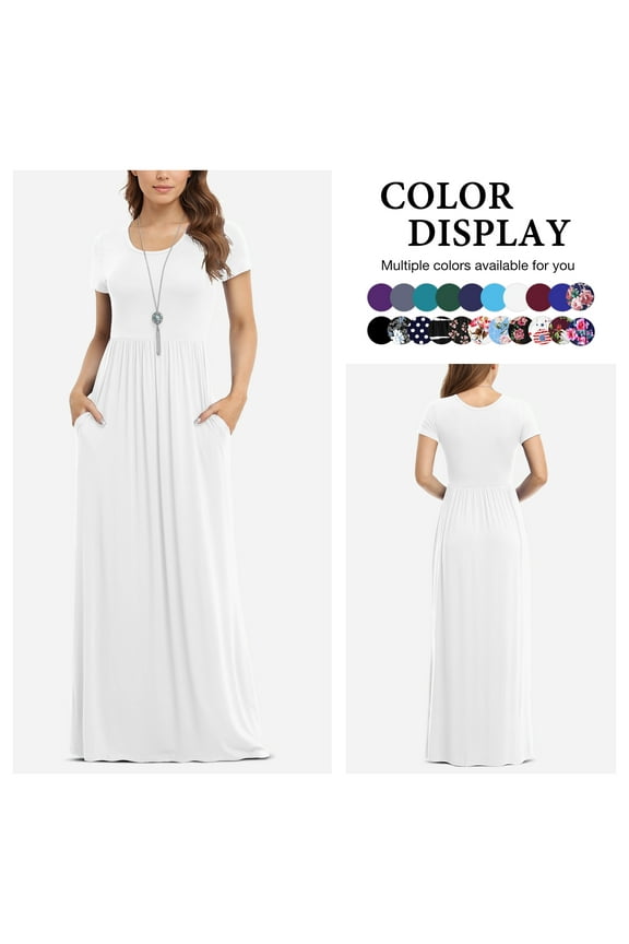 Women's Short Sleeve Loose Plain Maxi Dresses Casual Long Dresses with Pockets,US Size,White,L