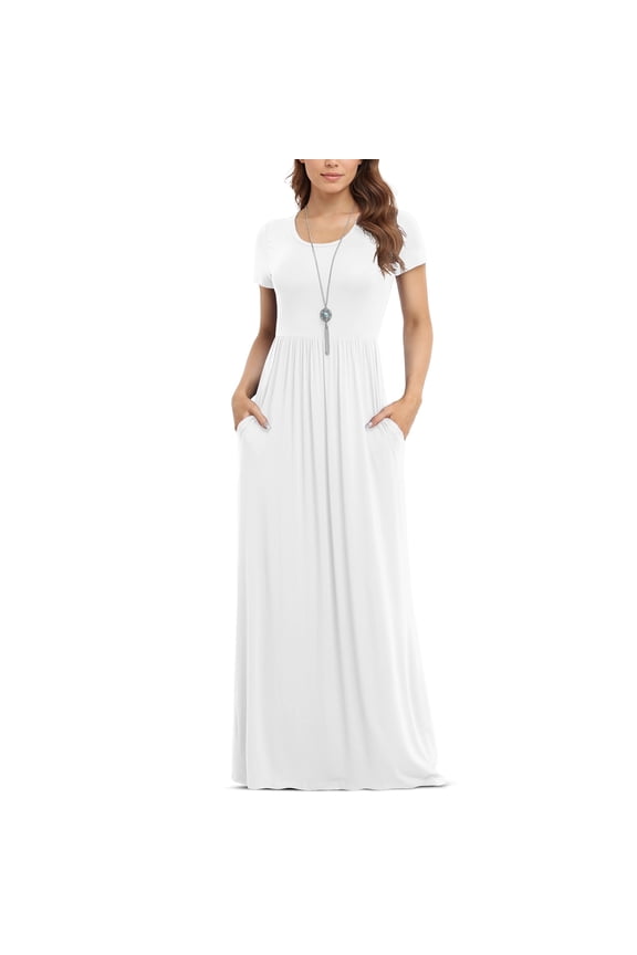 Women's Short Sleeve Loose Plain Maxi Dresses Casual Long Dresses with Pockets,US Size,White,S