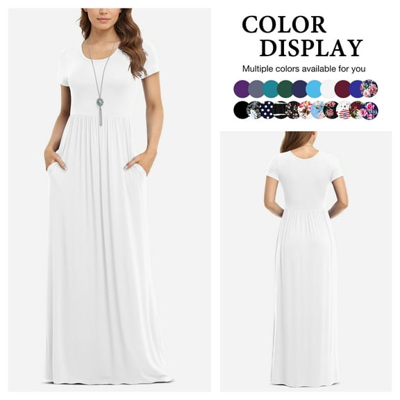 Asklazy Women's Short Sleeve Loose Plain Maxi Dresses Casual Long Dresses with Pockets,US Size,White,S